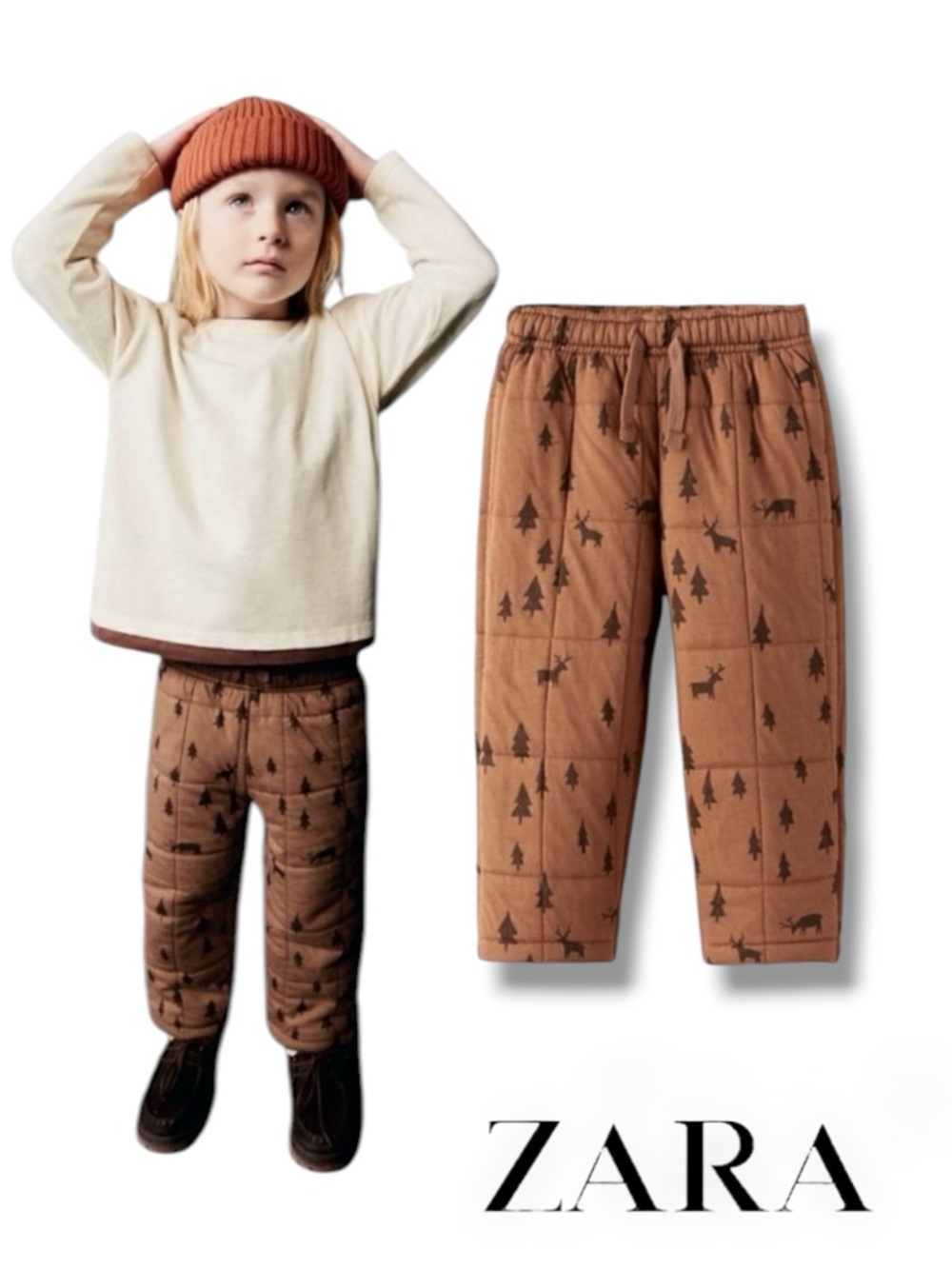ZARA Kids Brown Fir Tree Quilted Pants NWT Size 12-18M